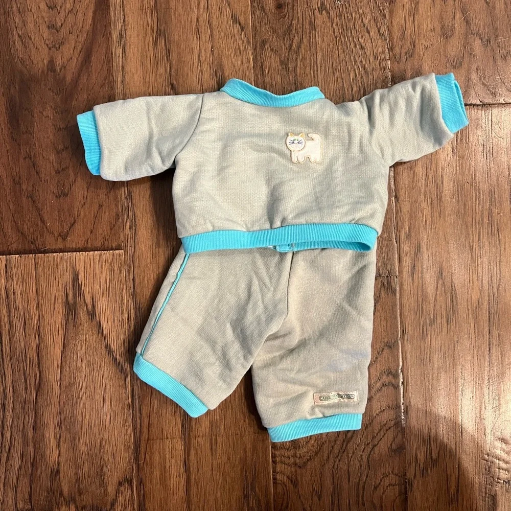 Vintage Cabbage Patch Gray and Blue Baby Doll Outfit Jogger with Cat Embroidery